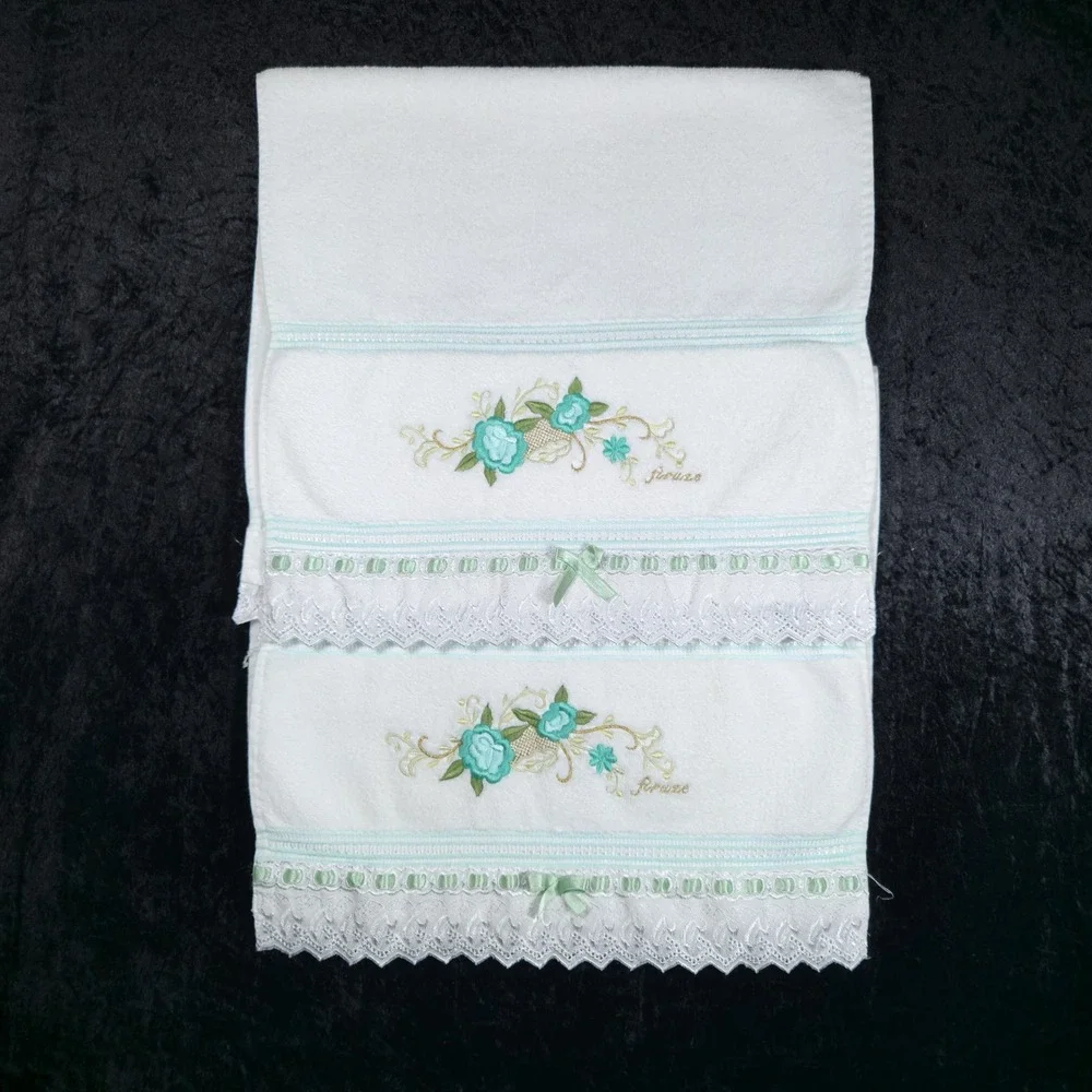 Set VTG Firuze Turkish White Cotton Hand Towel Teal Floral Embroidered Lace Bow